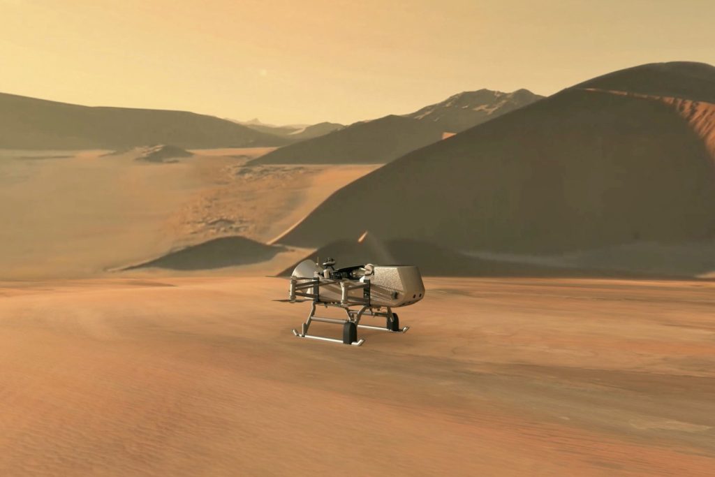 An artist's concept of the Dragonfly mission on Titan.